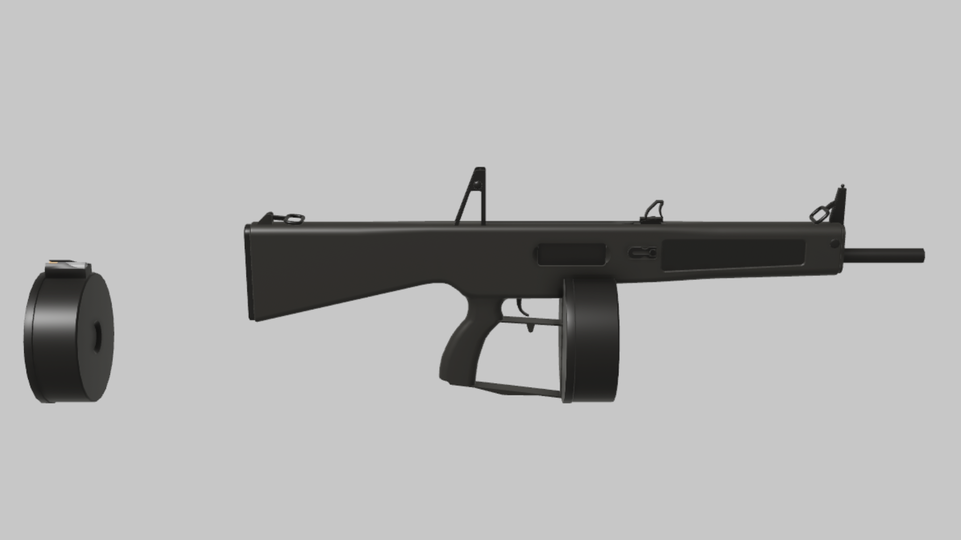 AA-12 Slug RBXM firearm asset front render showing a black AA-12 shotgun profile with a drum magazine and dark tactical finish