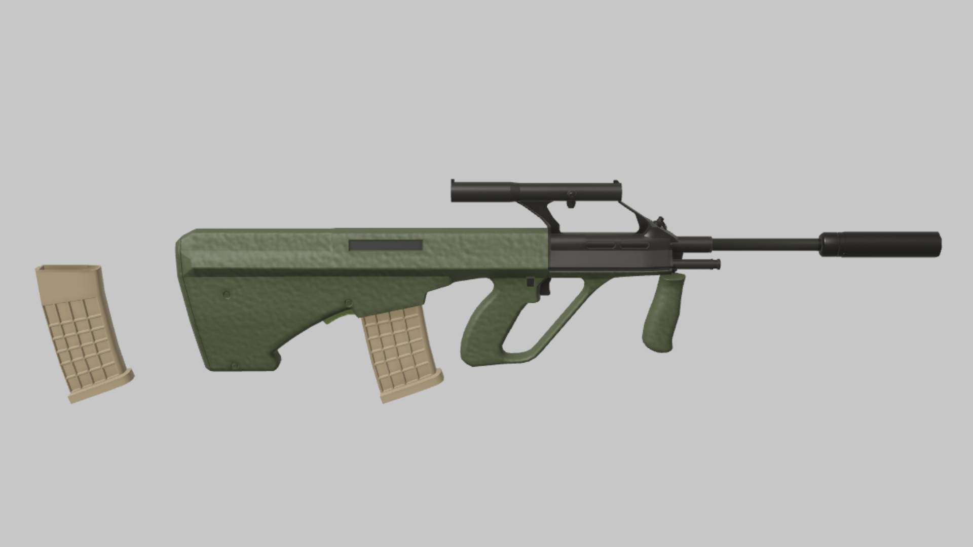 AUG Whisper RBXM firearm asset front render showing an olive AUG whisper variant with tan magazines, suppressor, and low-profile bullpup silhouette
