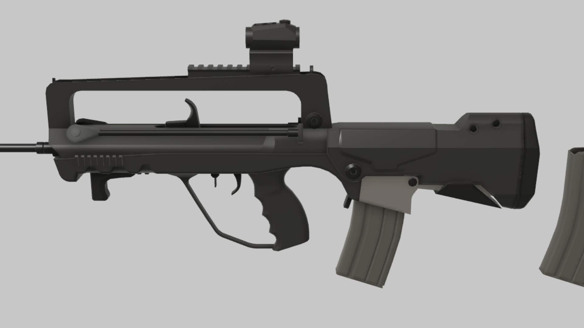 FAMAS CQB RBXM firearm asset front render showing a black FAMAS CQB variant with raised optic and gray magazine in a close side render