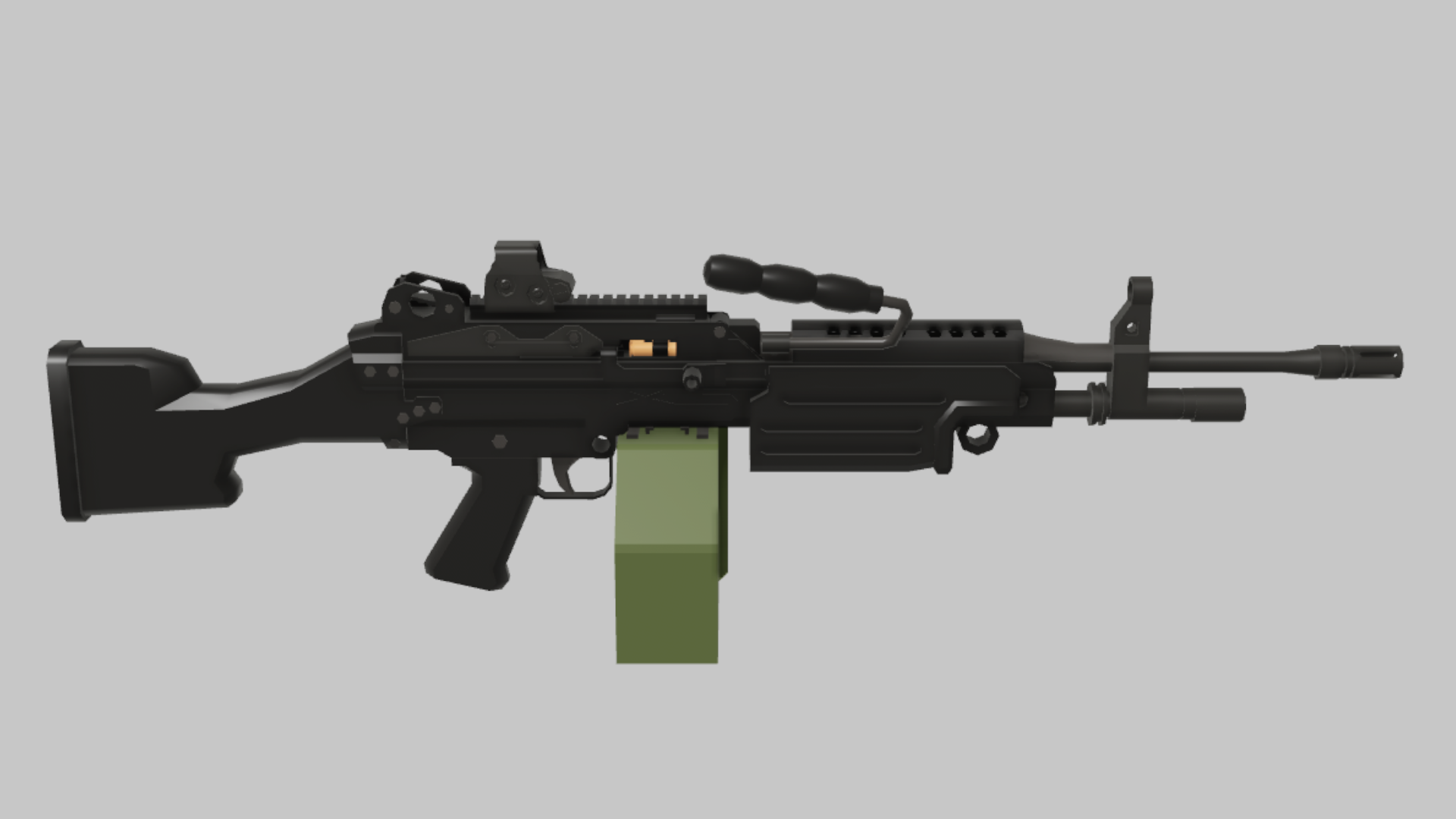 M249 Mobility RBXM firearm asset front render showing an M249 Mobility variant with clean top rail, green box magazine, and lighter visual setup