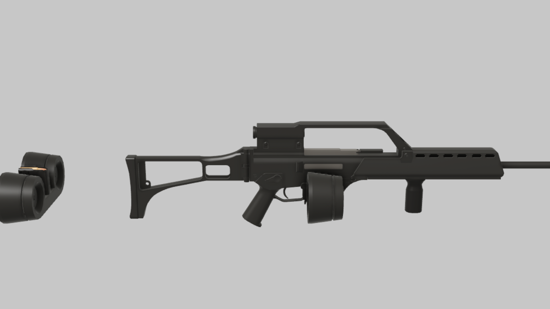 MG36 Tactical RBXM firearm asset front render showing a black MG36 Tactical variant with drum magazine, foregrip, and long rail body